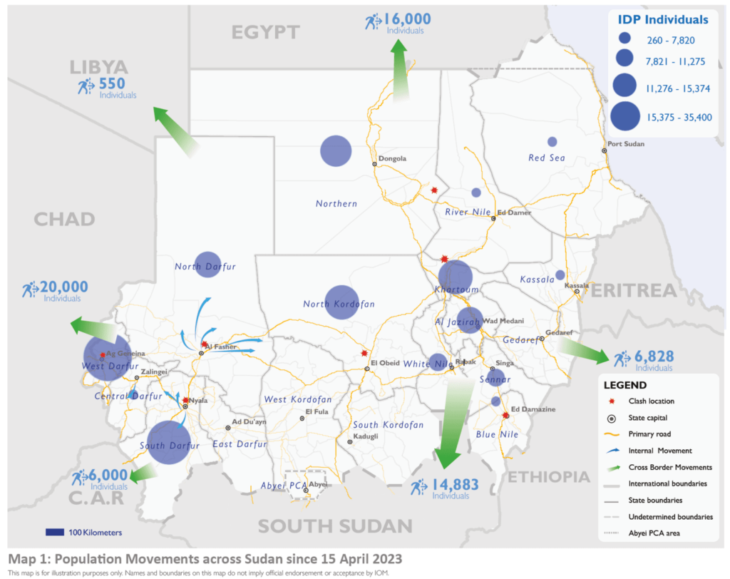 حركة السكان في جميع أنحاء السودان منذ 15 أبريل - البيانات والخريطة المقدمة من مصفوفة تتبع النزوح التابعة لمعهد البيانات العالمي - والتي توضح مسارات النزوح من السودان إلى البلدان المجاورة
