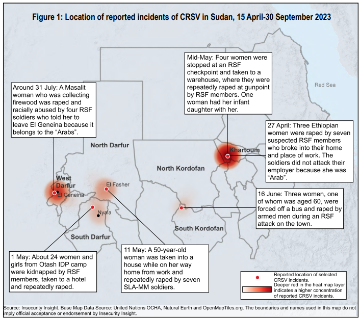 خريطة توضح احداث العنف لبجنسي منذ بدء الحرب في 15 ابريل حتى نهاية يوليو 2023، حسب تقرير من منظمة (انسيكوريتي انسايت - Insecurity Insight) حسب وحدة مكافحة العنف ضد المرأة والطفل بوزارة الشؤون الاجتماعية السودانية