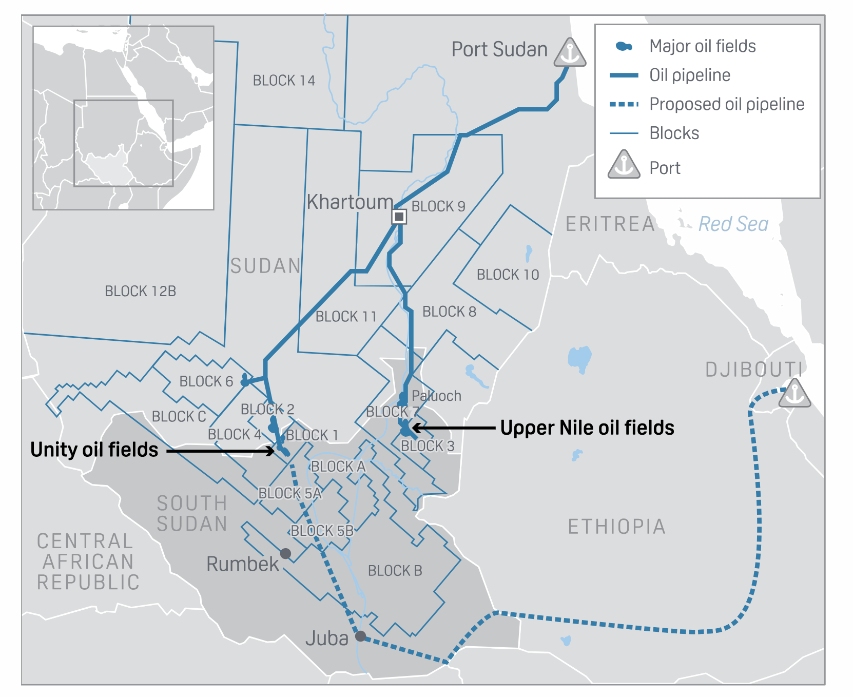 خطوط أنابيب النفط من جنوب السودان إلى السودان (المصدر: ستاندرد آند بورز العالمية, وزارة النفط في جنوب السودان).